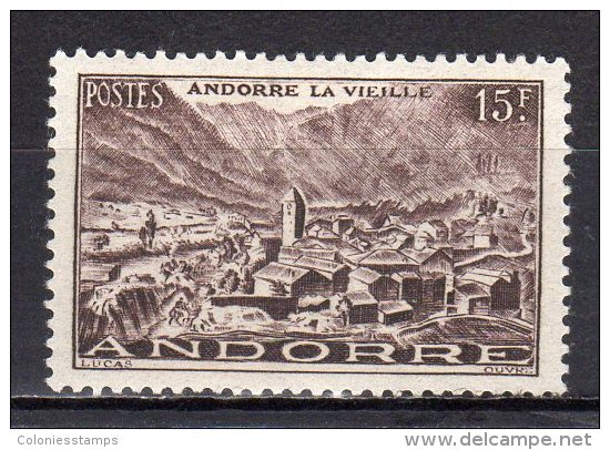 (SA0919) FRENCH ANDORRA, 1951 (Andorra La Vella, 15 Fr., Black Brown) Mi # 131. MLH* Stamp - Unused Stamps