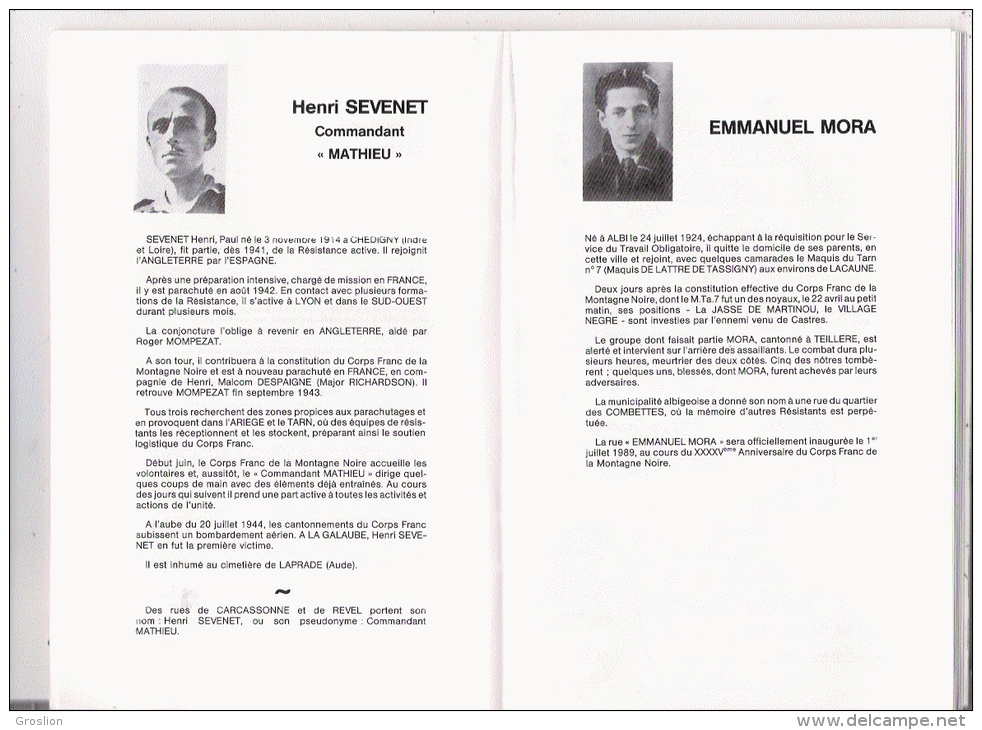 LIVRET COMMEMORATIF DU 45 E ANNIVERSAIRE DU CORPS FRANC DE LA MONTAGNE NOIRE  1989 - Geschiedenis