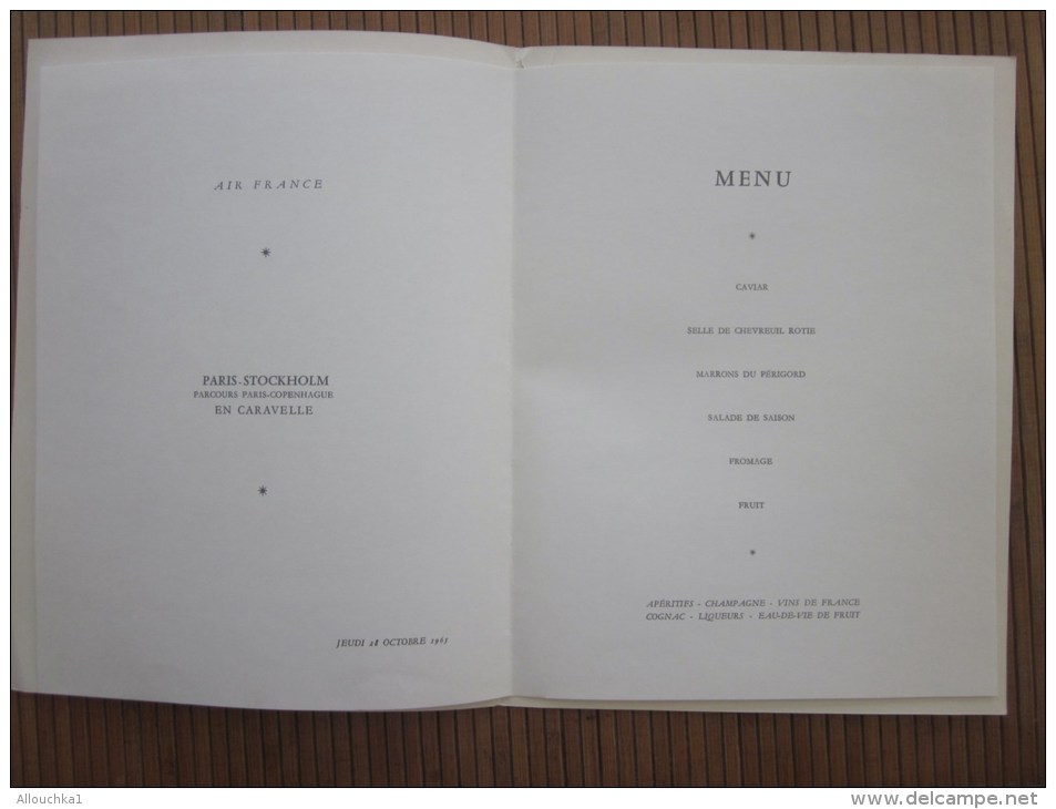 MENU Compagnie Aérienne Vol Air France à Bord En Caravelle Paris Stockholm/Copenhague 28 Octobre 1965 - Menus