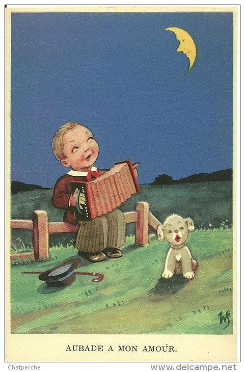 ENFANT HUMOUR ILLUSTRATEUR ILLUSTRATRICE WS "AUBADE A MON AMOUR" JOUEUR ACORDEON LUNE CHIEN CHAPEAU CANNE COLPRINT 193 - Tarjetas Humorísticas