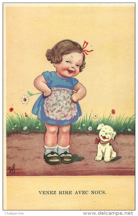 ENFANT HUMOUR ILLUSTRATEUR ILLUSTRATRICE WS "VENEZ RIRE AVEC NOUS" PETITE FILLE CHIEN COLPRINT 196 - Humorous Cards