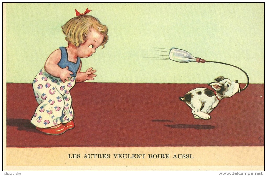 ENFANT HUMOUR ILLUSTRATEUR ILLUSTRATRICE WS "LES AUTRES VEULENT BOIRE AUSSI" PETITE FILLE CHIEN BIBERON  COLPRINT 205 - Humorvolle Karten