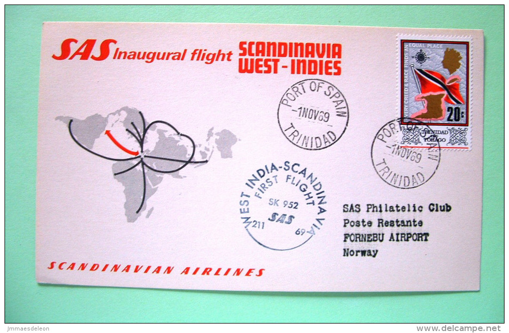 Trinidad & Tobago 1969 First Flight Cover Trinidad To Oslo - Flag And Map In Gold - Goose In Cancel - Trinité & Tobago (1962-...)