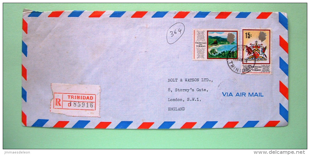 Trinidad & Tobago 1974 Registered Cover To England - Coat Of Arms With Flamingo - Maracas Bay - Trindad & Tobago (1962-...)