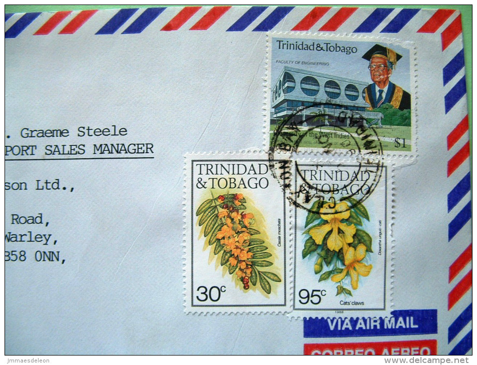 Trinidad & Tobago 1990 Cover To England - University Of The West Indies (damaged) - Flowers - Trinidad & Tobago (1962-...)