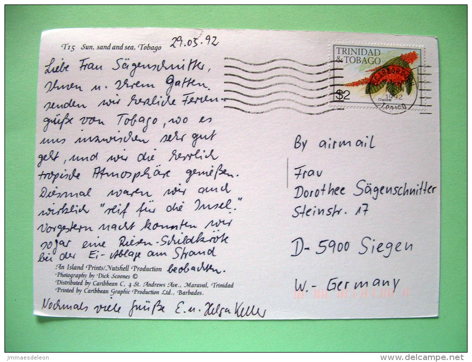 Trinidad & Tobago 1992 Postcard To Germany - Flowers (Scott #404 = 2 US $) - Trinité & Tobago (1962-...)