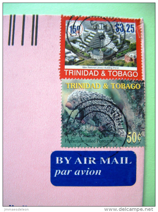 Trinidad & Tobago 2001 Cover To USA - Animal Porcupine - New National Library Building - Trinidad & Tobago (1962-...)