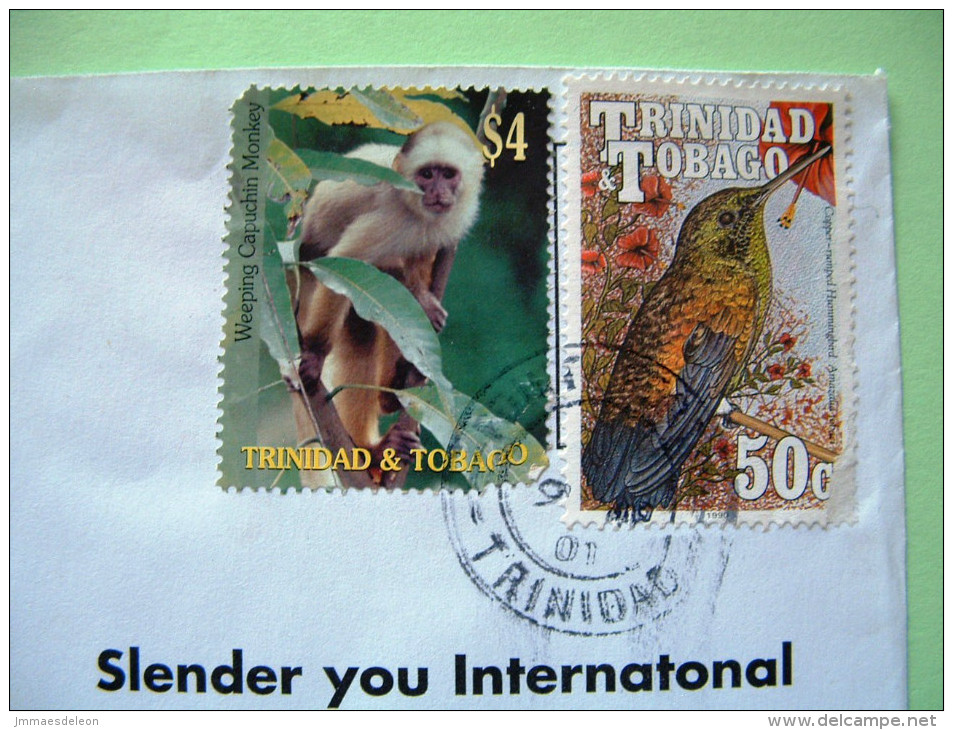 Trinidad & Tobago 2001 Cover To Holland - Birds Hummingbirds - Capuchin Monkey - Trinidad & Tobago (1962-...)