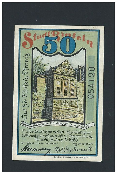 DT.REICH 1920*********NOTGELD***** ***STADT RINTELN - [11] Local Banknote Issues