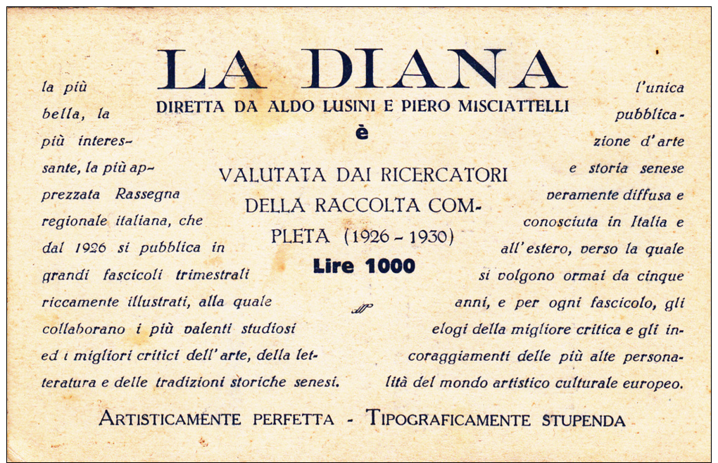 EDITRICE LA DIANA / SIENA 1930 - BIGLIETTO POSTALE PUBBLICITARIO - L2292 - Storia Postale