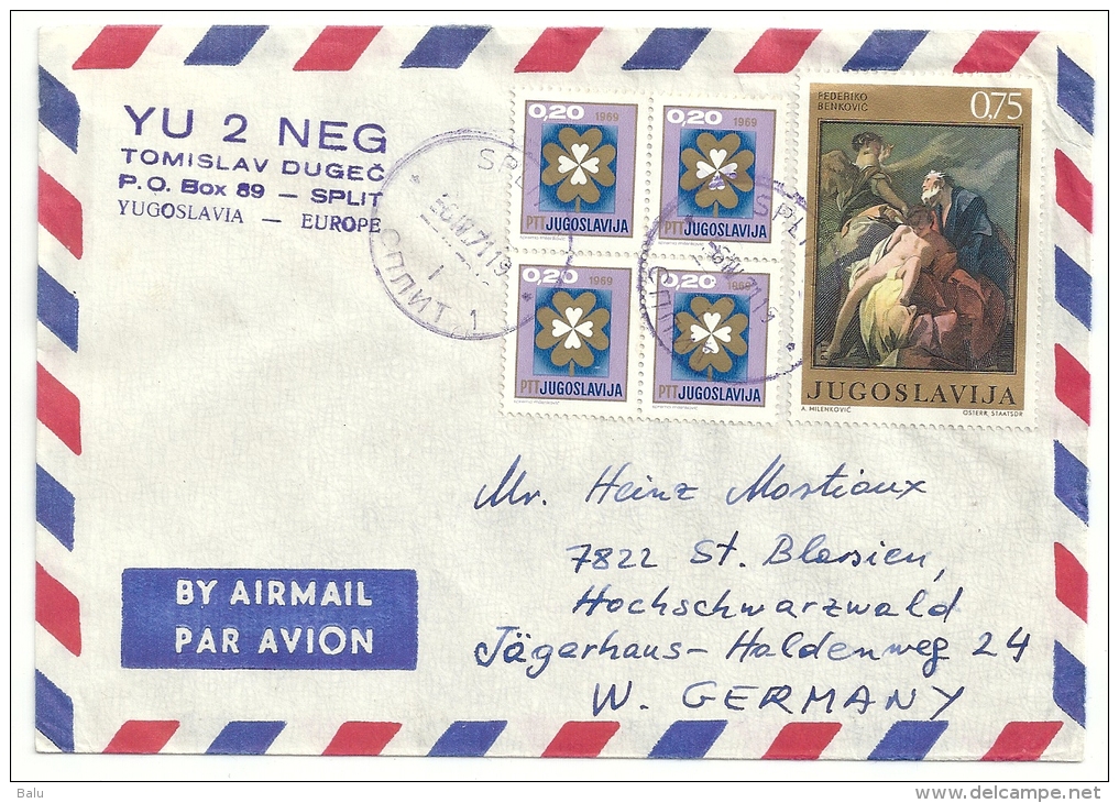Jugoslawien Jugoslavija 1971 Luftpostbrief Airmail, Air Mail Mit 4x Michel 1313 + 1401; Yv 1286; Scott 957 4-leaf Clover - Luftpost