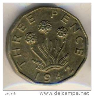 PIECE MONNAIE   3 PENCE 1942  #GRANDE BRETAGNE # GEORGE VI # GEORGIUS - F. 3 Pence