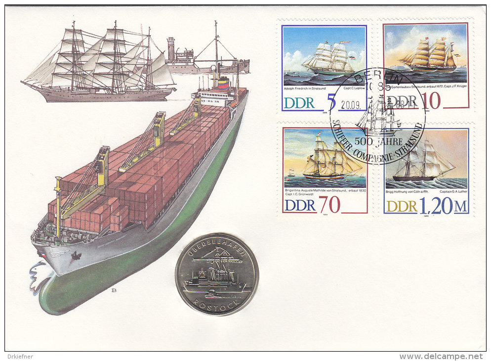 DDR 3198-3201 - Segelschiffe, Auf Numisbrief, 5 MARK, Rostock Überseehafen (Battenberg/Schön Nr. DDR 119) - 5 Mark