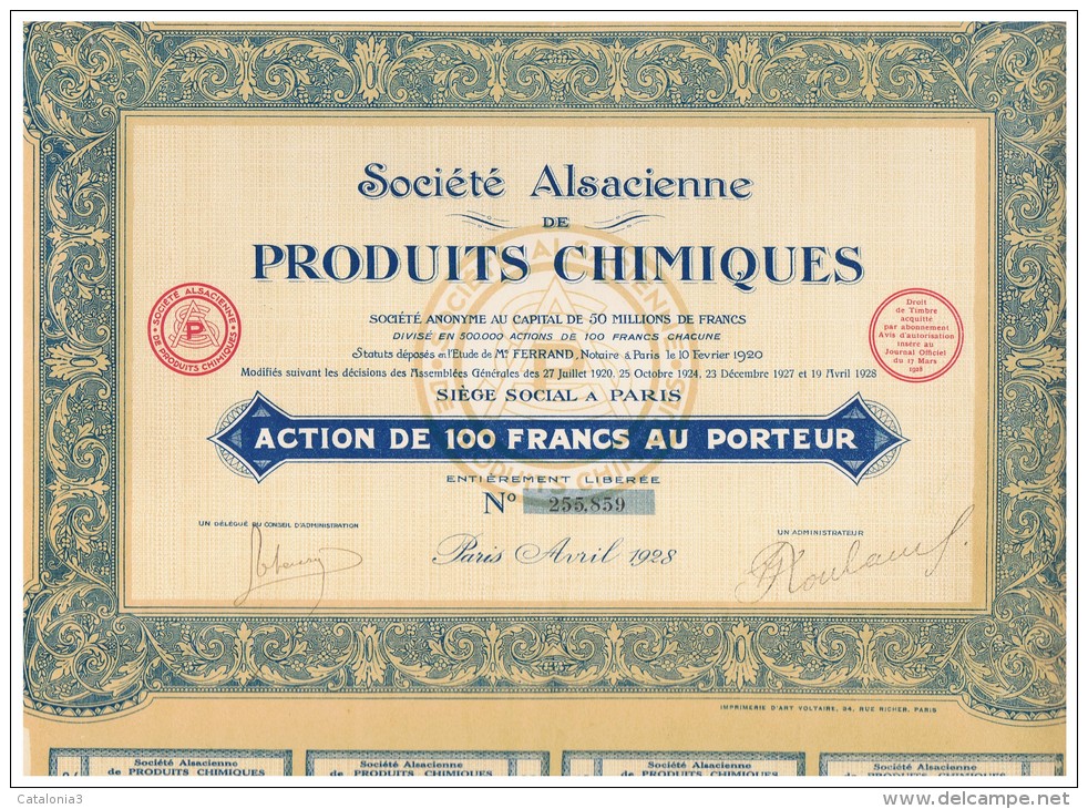 ACCION ANTIGUA - ACTION ANTIQUE =  Societé Alsaciene Produits Chimiques  1928 - Otros & Sin Clasificación