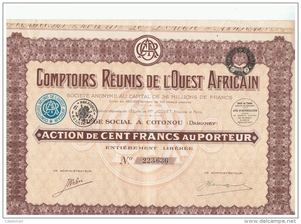 ACCION ANTIGUA - ACTION ANTIQUE = Comptoirs Reunirs De L'Ouest Africain  1929 - Otros & Sin Clasificación