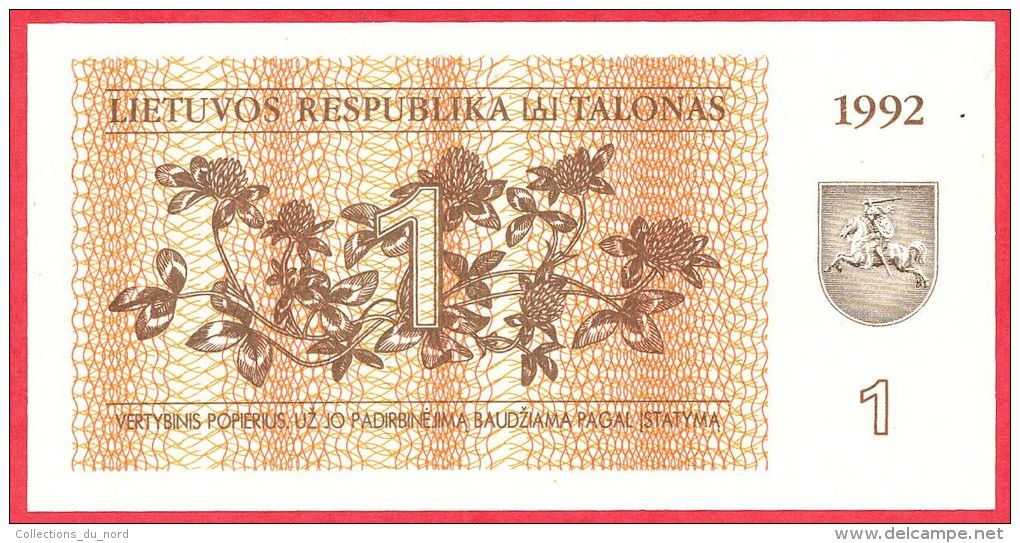 Lithuania -  1 Talonas  1992 UNC / Papier Monnaie - Billet - Lituanie - Lithuania