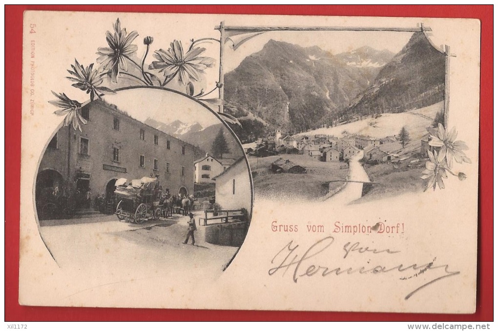 YDiSim-01 Gruss Vom Simplon-Dorf Multivues, Diligence, Kütsche, Poste Du Simplon, Animé. Précurseur. Cachet  Simplon1900 - Simplon