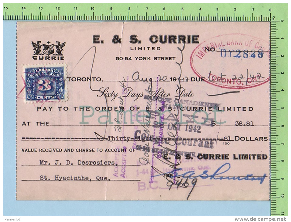 #FX64  3 CENT SUR PAY ORDER  E & S  CURRIE YORK STREET TORONTO 1942  2SCANS - Chèques & Chèques De Voyage