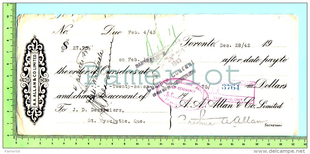 Toronto Billet 1942 ( FX64 SUR PAY ORDER A. A. ALLAN & CO. LIMITED STAMP AT THE BACK Ontario Ont.  2 SCANS - Cheques & Traveler's Cheques