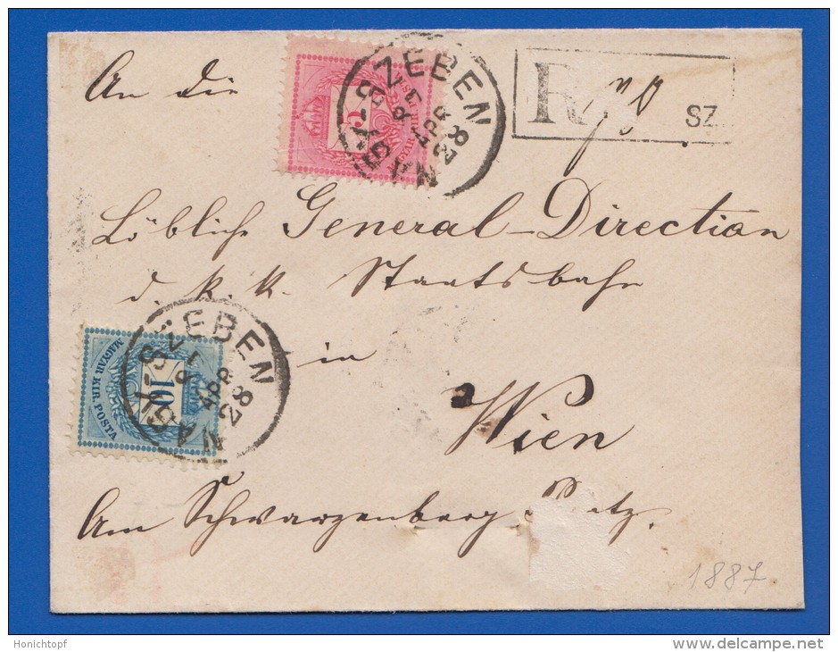 Ungarn; Briefstück Mit 5 + 10 Kr; 1887 Einschreiben, Recommande, Registered  Von Nagyszeben, Sibiu, Romania Nach Wien - Briefe U. Dokumente