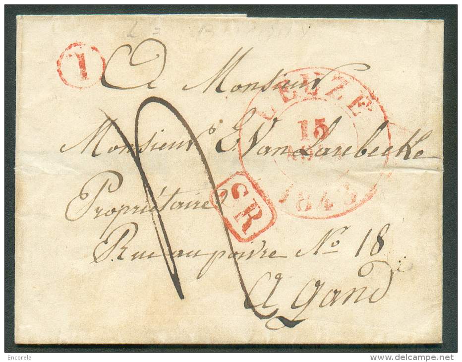 LSC De LEUZE Le 13 Août 1842 + Boîte T De BLICQUY Vers Gand. Port De ´4´ Décimes.  TB - 9203 - 1830-1849 (Onafhankelijk België)