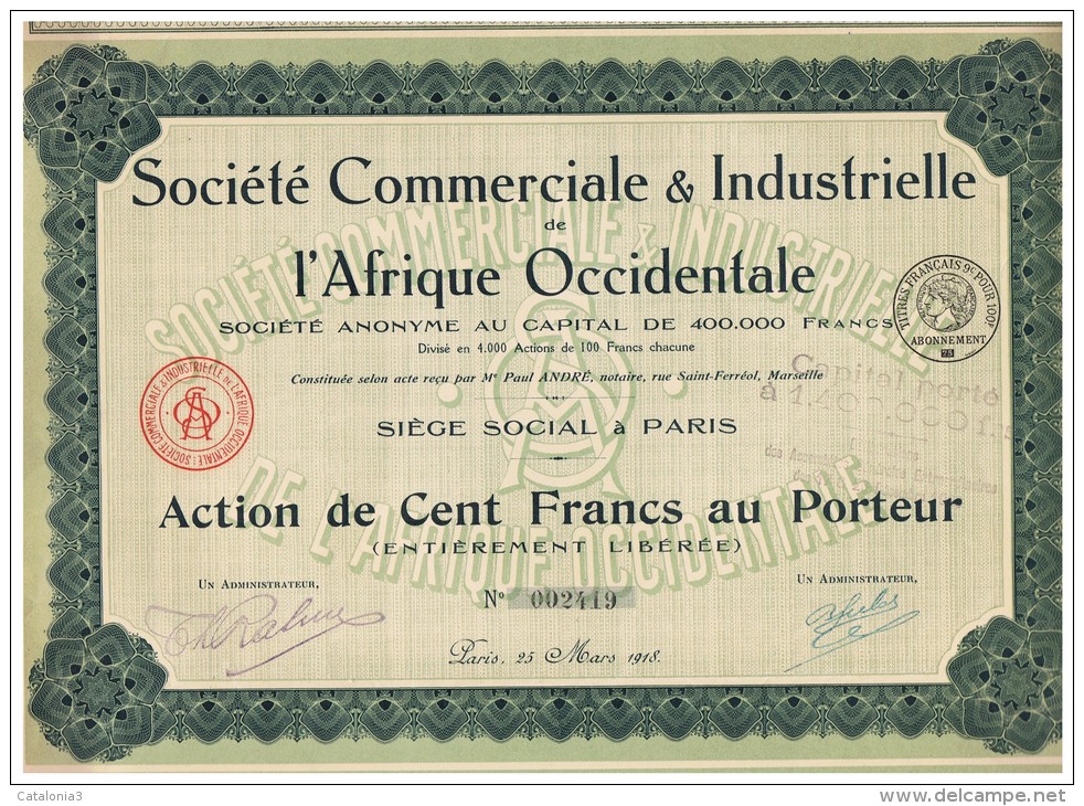 ACCION ANTIGUA - ACTION ANTIQUE = Societe Comerciale & Industrielle De L'Afrique Occidentale 1918 - Otros & Sin Clasificación