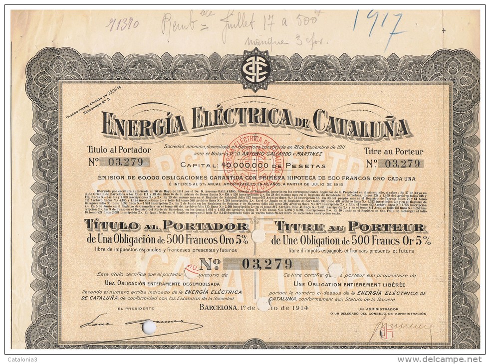 ACCION ANTIGUA - ACTION ANTIQUE = Energia Electrica De Cataluña 1914 - Otros & Sin Clasificación