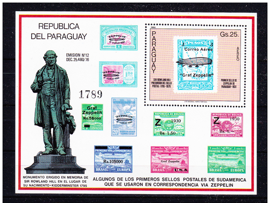 PARAGUAY.,  1980  Rowland Hill    Mi  # 5 Bl 350 , Cv  25 ,00 E , ** M N H , V V F - Paraguay