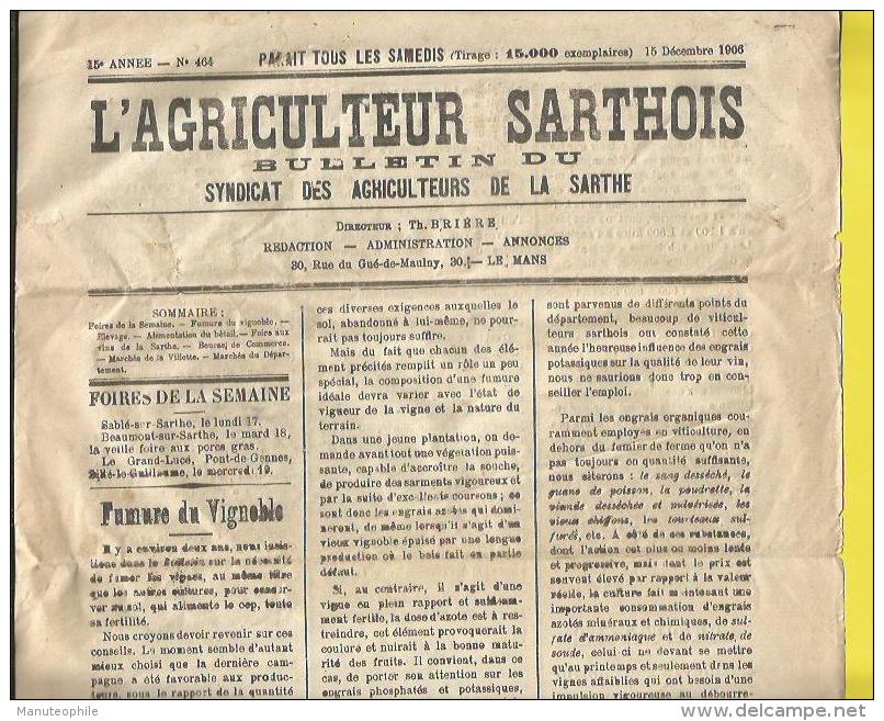 JOURNAL  "L´AGRICULTEUR SARTHOIS " Avec La Bande Ayant Voyagé En Tarif  "Journaux P.P."  Du MANS  Le 15 12 1906 Pour DOM - Informations Générales
