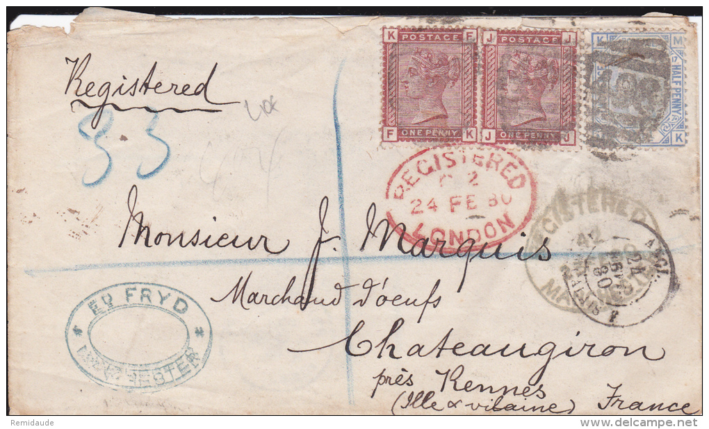 GB - 1880 - ENVELOPPE RECOMMANDEE De MANCHESTER Pour CHATEAUGIRON PRES RENNES - BEL AFRANCHISSEMENT - Cartas & Documentos