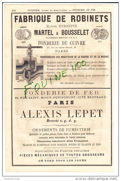 PUB 1882 Fonderie Robinetterie Thévenin Frères Fabrique Robinets Herbepin Martel Bousselet Fonderie De Fer Alexis LEPET - Publicités