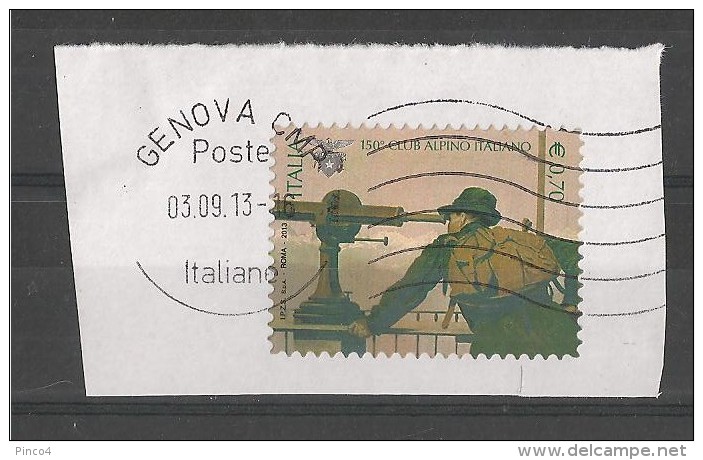 ITALIA REPUBBLICA 150° CLUB ALPINO ITALIANO  € 0,70  2013  SU FRAMMENTO USATO - 2011-20: Gebraucht