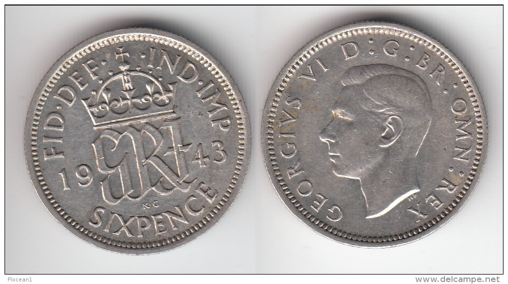 QUALITY **** GRANDE-BRETAGNE - GREAT-BRITAIN - 6 - SIX PENCE 1943 GEORGE VI - SILVER **** EN ACHAT IMMEDIAT !!! - H. 6 Pence