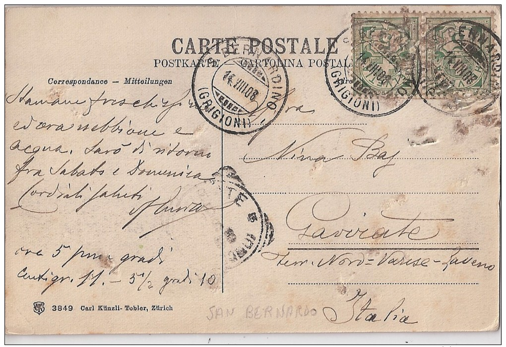 R7 543 - LOSTALLO SOAZZA MESOCCO BELLINZONA GRONO ROVEREDO - SVIZZERA - VG. - A. 1908 - Autres & Non Classés