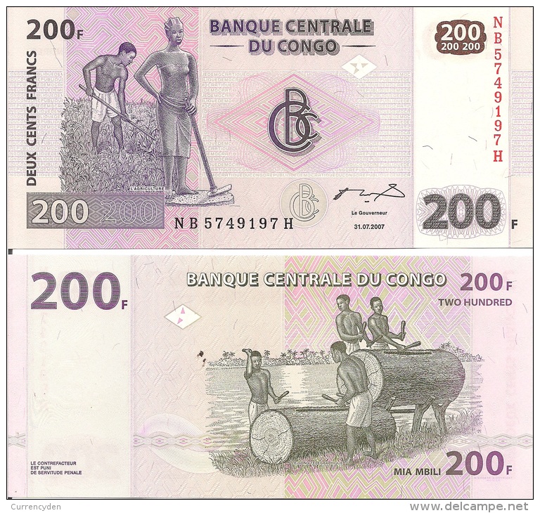 Congo P95A, 200 Francs, Man & Woman With Hoes / Log Drum - Unclassified