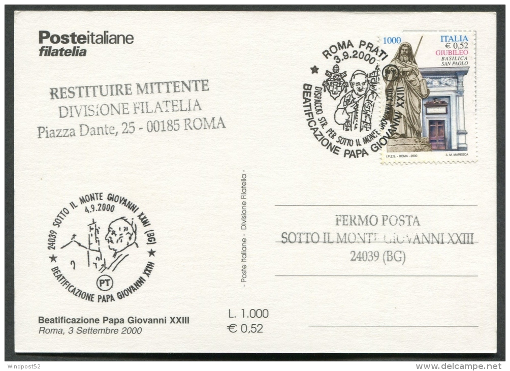 ITALIA - FDC - CARTOLINA MAXIMUM CARD 2000 - BEATIFICAZIONE PAPA GIOVANNI XXIII - SOTTO IL MONTE BERGAMO  - 461 - Cartes-Maximum (CM)