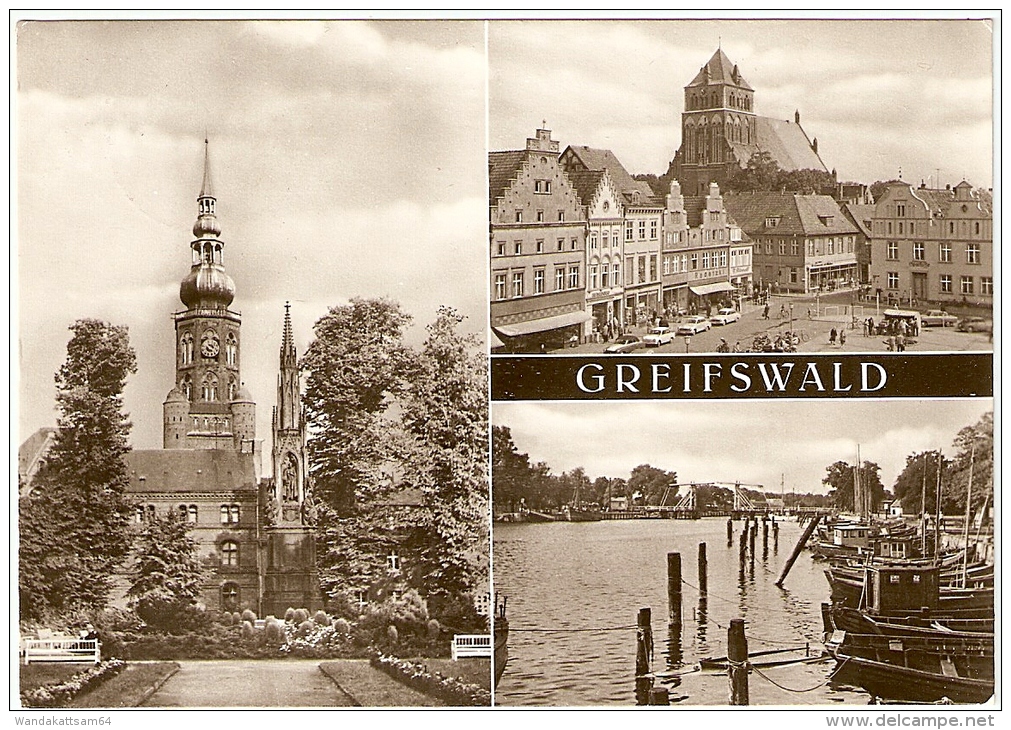 AK 5008 GREIFSWALD Mehbildkarte 3 Bilder Rubenow-Denkmal Und St. Nikolaikirche Markt Fischereihafen 2.8.72 - Greifswald