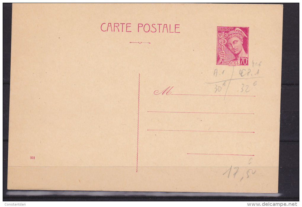 FRANCE ENTIER POSTAL CARTE POSTALE 70C VIOLET TYPE MERCURE TRES BEAU - Overprinter Postcards (before 1995)