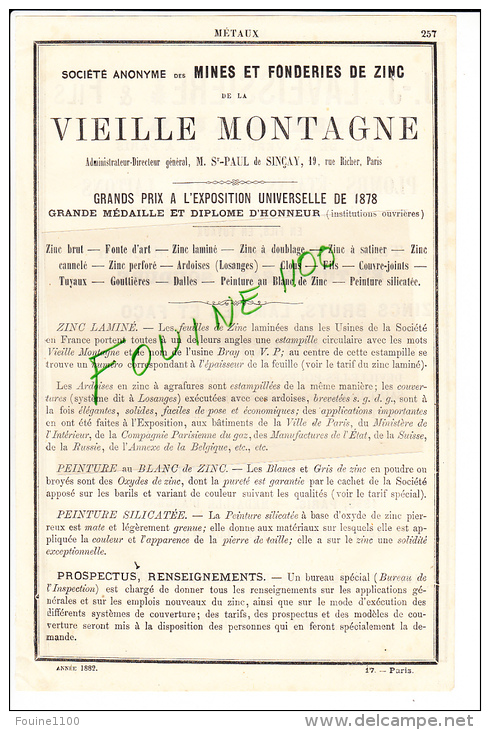 PUB 1882 Métaux Laveissière Rue De La Verrerie à Paris Mine Et Fonderie De Zinc De La Vieille Montagne St Paul De Sinçay - Publicités