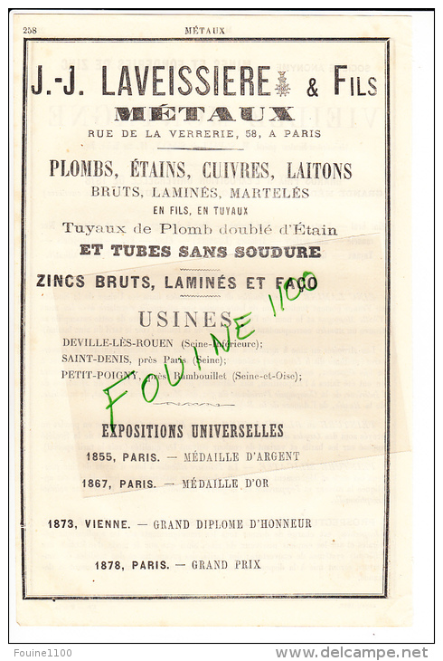 PUB 1882 Métaux Laveissière Rue De La Verrerie à Paris Mine Et Fonderie De Zinc De La Vieille Montagne St Paul De Sinçay - Publicités