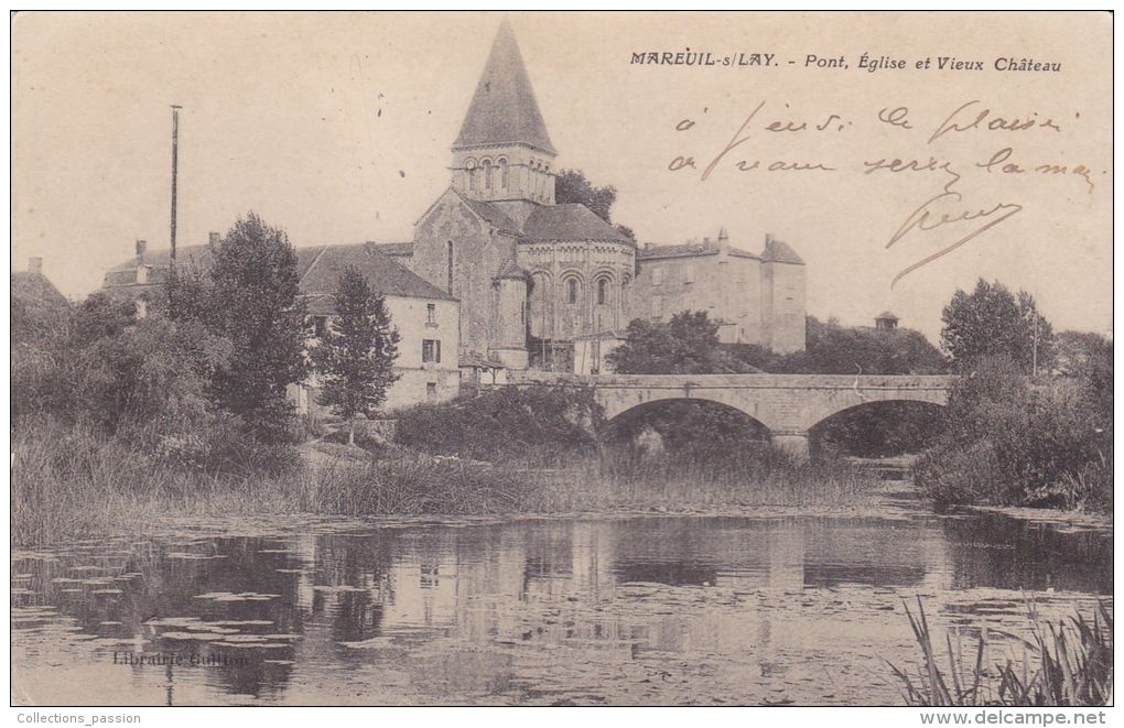 Cp , 85 , MAREUIL-sur-LAY , Pont , Église Et Vieux Château - Mareuil Sur Lay Dissais