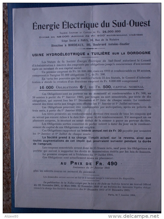 ""   ANCIEN  DOCUMENT  OUVERTURE  OBLIGATIONS  //  USINE  ELECTRIQUE  DE  LA  TUILIERE  "" - Electricité & Gaz