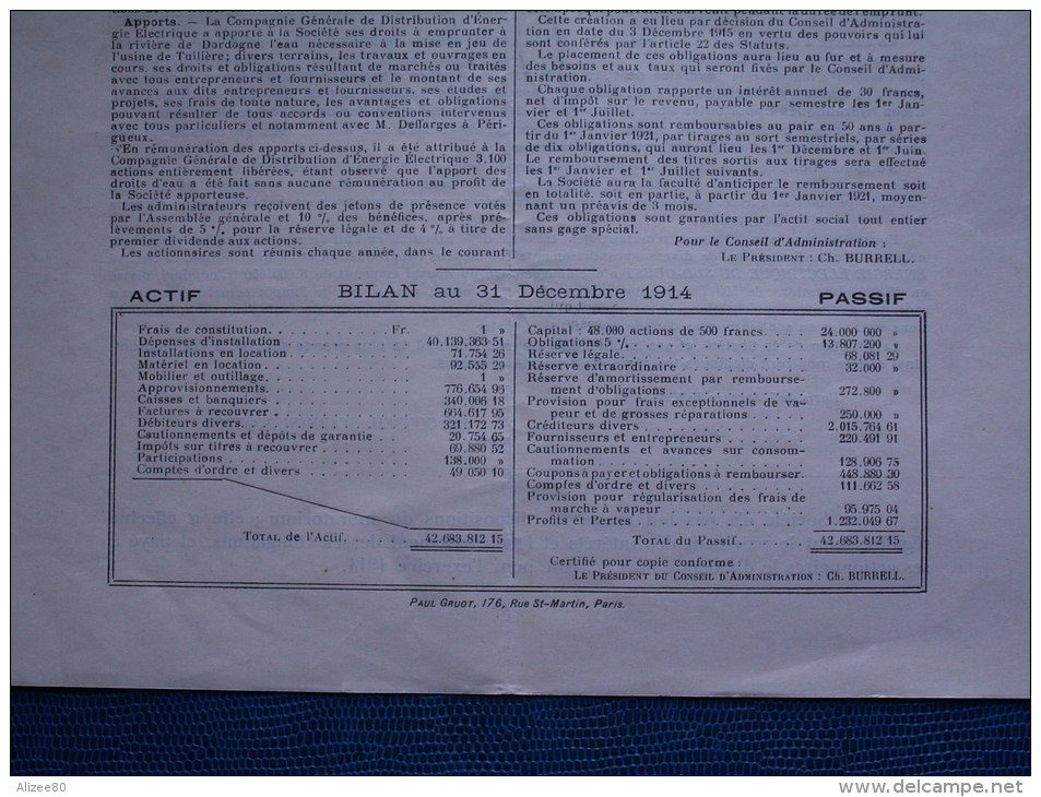 ""   ANCIEN  DOCUMENT  OUVERTURE  OBLIGATIONS  //  USINE  ELECTRIQUE  DE  LA  TUILIERE  "" - Electricidad & Gas