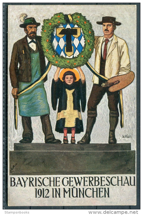 Germany Munich Munchen, Bayrische Gewerbeschau 1912 - MÌnchner Kindl Und MÀnner Halten Einen Kranz Mit Wappen - Exhibitions