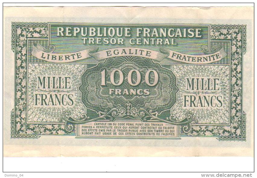 Billet De Banque 1944- Trésor CENTRAL  1000 Franc - - 1943-1945 Marianne