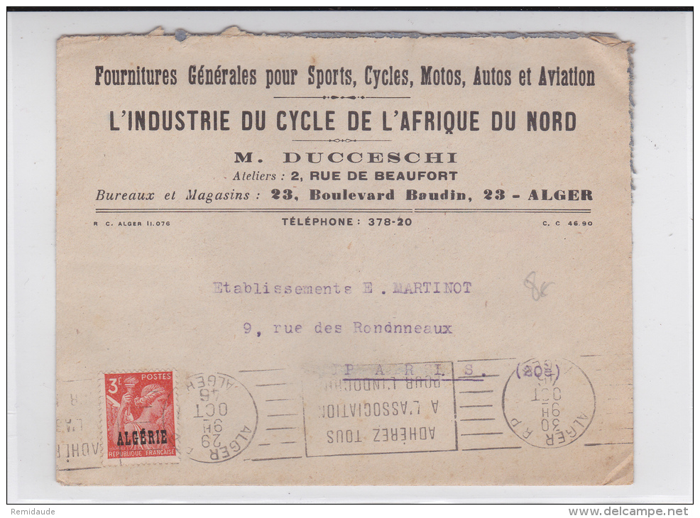 1946 - ENVELOPPE COMMERCIALE (CYCLES) De ALGER (ALGERIE) Pour PARIS - IRIS SURCHARGE - Lettres & Documents