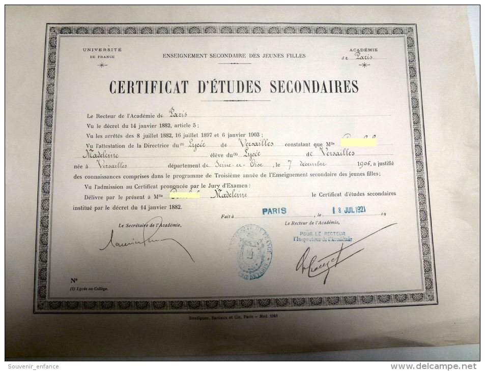 Certificat D´Etudes Secondaires Lycée De 1921 Académie De Paris Versailles   78 Yvelines - Diploma's En Schoolrapporten