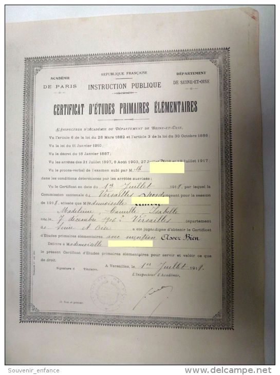 Certificat D´Etudes Primaires Elémentaires  Versailles 1918 Académie De Paris 78 Yvelines - Diploma's En Schoolrapporten