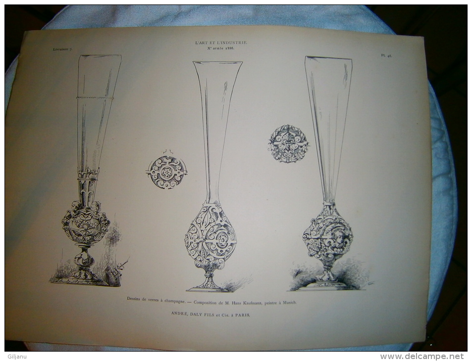 PLANCHE L ART ET L INDUSTRIE  DESSINS DE VERRES A CHAMPAGNE  ANNEE 1886 - Other Plans