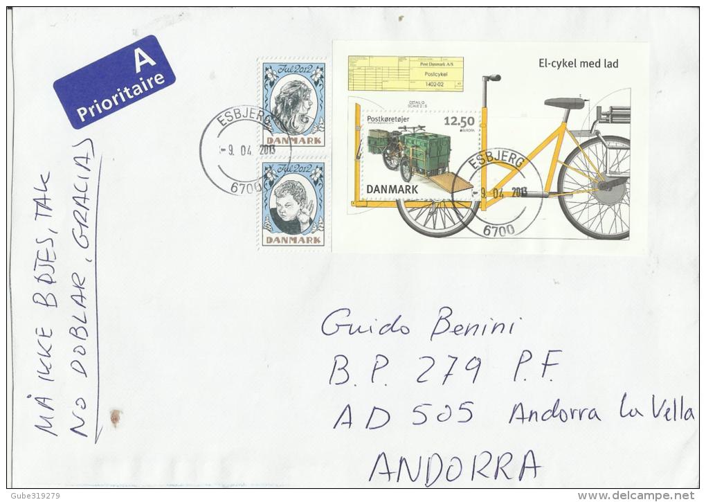 DENMARK 2013– LARGE COVER EUROPA - POSTAL VEHICLE - ELECTRIC BIKE WITH LOAD SOUVENIR SHEET FROM DENMARK  TO ANDORRA W 1 - Lettres & Documents